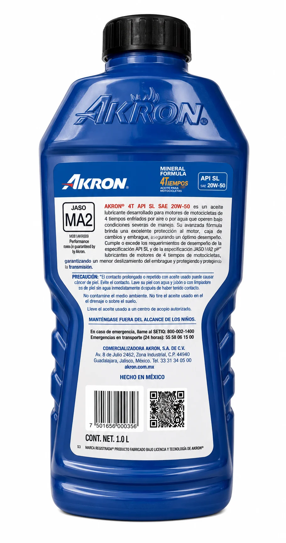 ACEITE AKRON PARA MOTOCICLETA 4T SAE 20W-50 MINERAL JASO MA2 1L