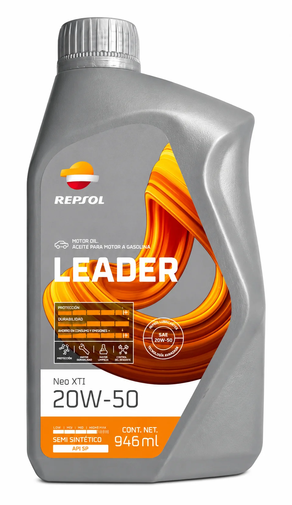ACEITE REPSOL LEADER PARA MOTOR DE GASOLINA SAE 20W-50 SEMI SINTETICO API SP 946ml