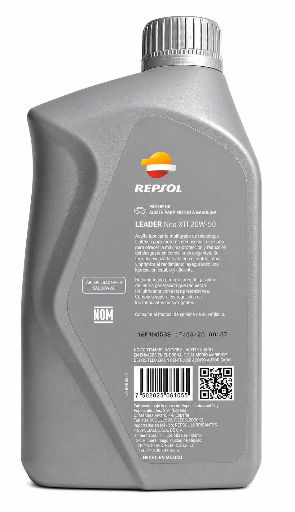 ACEITE REPSOL LEADER PARA MOTOR DE GASOLINA SAE 20W-50 SEMI SINTETICO API SP 946ml