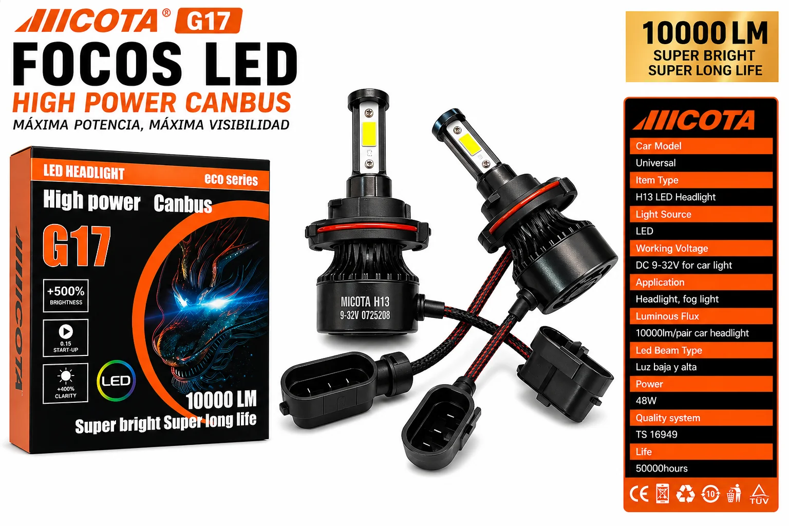 JUEGO DE FOCOS LED H13 CON CABLE 4 CARAS 3 TER MICOTA