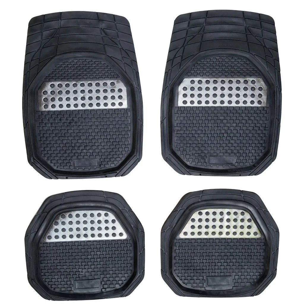 JUEGO DE TAPETES PARA COCHE DE CAUCHO COLOR NEGRO CON PLATEADO CUADRICULADO