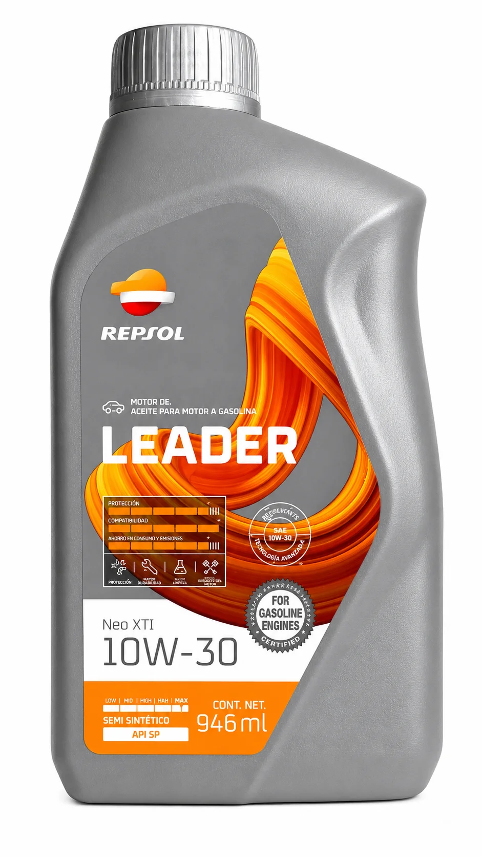 ACEITE REPSOL LEADER PARA MOTOR DE GASOLINA SAE 10W-30 SEMI SINTETICO API SP 946ml