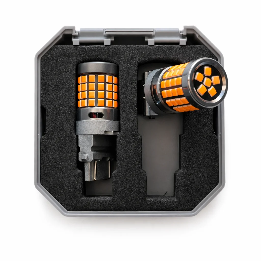 JUEGO DE FOCO LED AMBAR 3157 CON ESTROBO Y CANBUS 2 POLOS 12-36V 22.3W IOL-LH-604