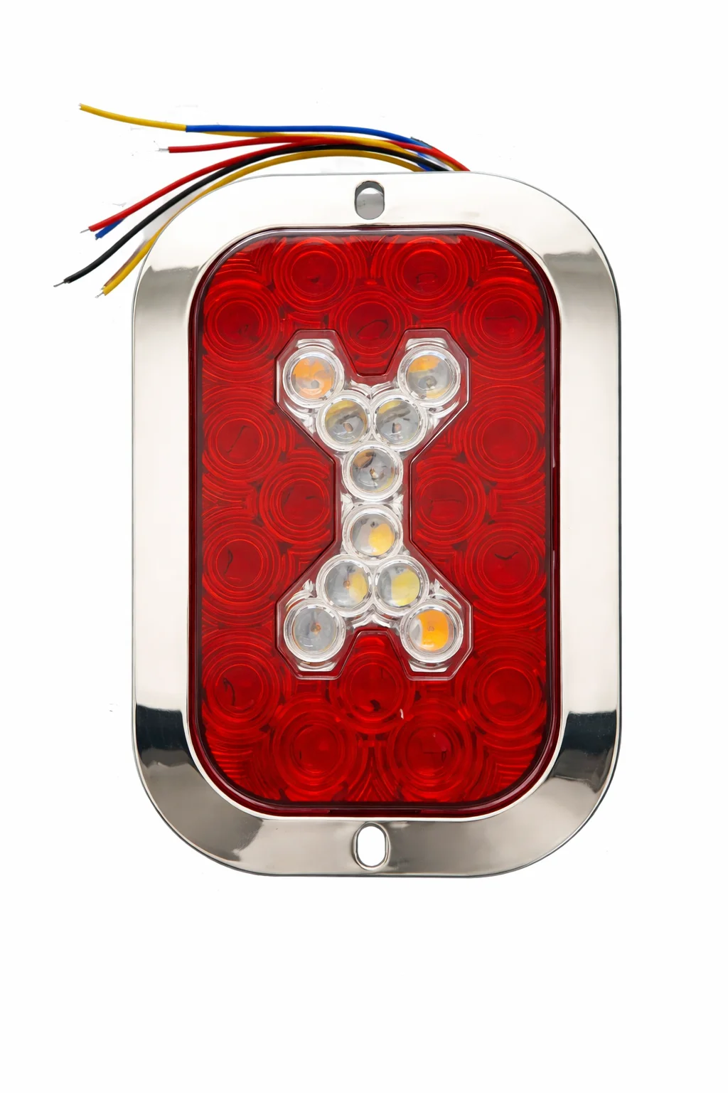 PLAFON ROJO RECTANGULAR DE REMACHE CROMADO 4" CON X CENTRAL CON ESTROBO 10-30V IOL-LPL-122