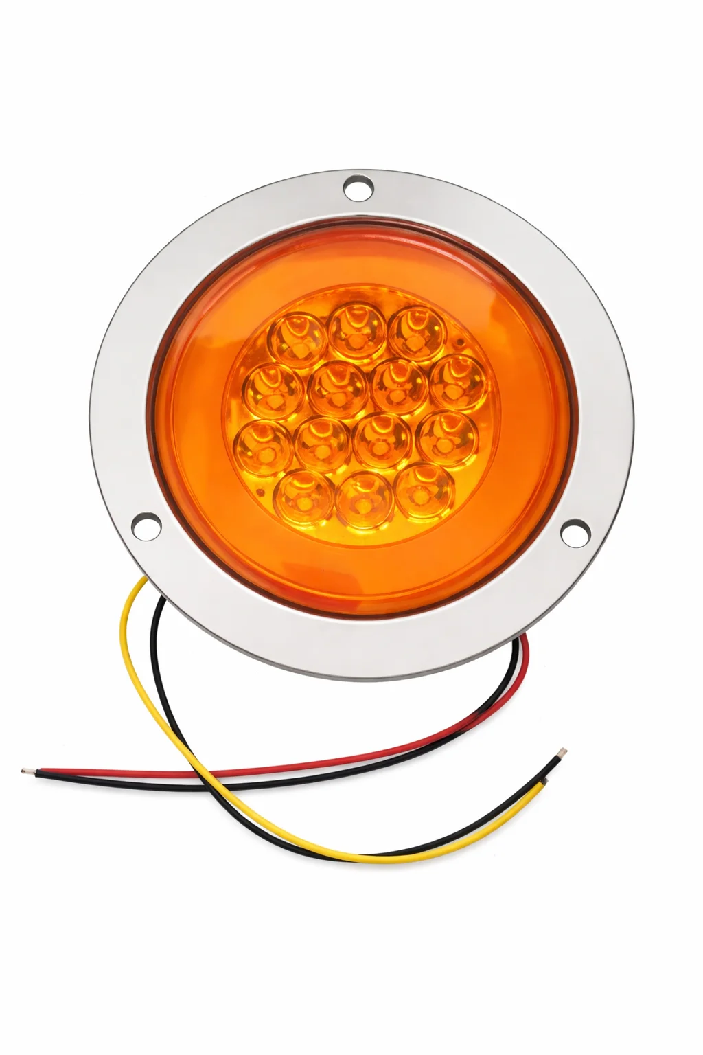 PLAFON AMBAR REDONDO DE REMACHE CROMADO 4" 14 LEDS 4 CABLES ALTA/BAJA C/ESTROBO C/ARILLO DE ANGEL 10-30V IOL-LPL-017