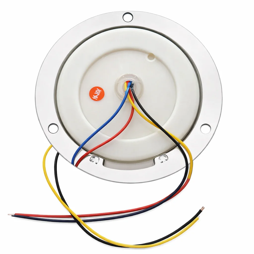 PLAFON AMBAR REDONDO DE REMACHE CROMADO 4" 14 LEDS 4 CABLES ALTA/BAJA C/ESTROBO C/ARILLO DE ANGEL 10-30V IOL-LPL-017