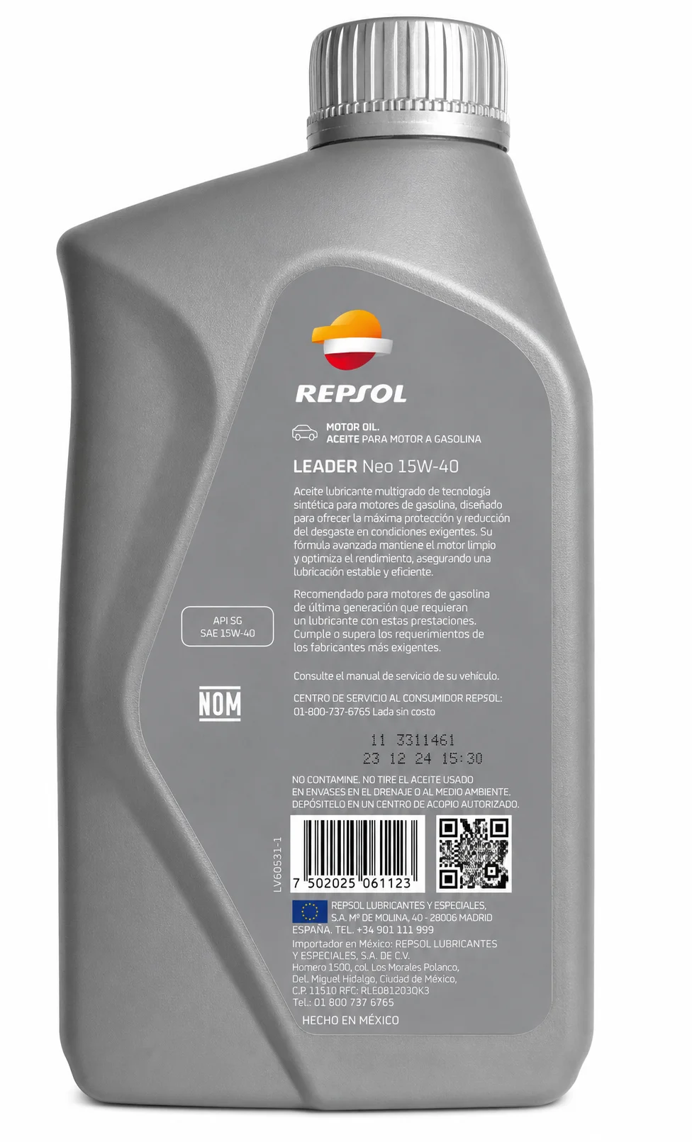 ACEITE REPSOL LEADER PARA MOTOR DE GASOLINA SAE 15W-40 SEMI SINTETICO API SQ 946ml