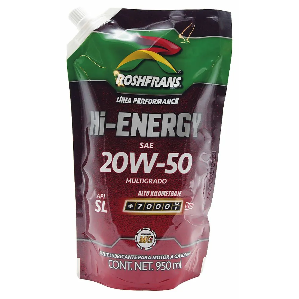 ACEITE ROSHFRANS PARA MOTOR GASOLINA SAE 20W-50 HI ENERGY MULTIGRADO API SL ALTO KILOMETRAJE 950ml