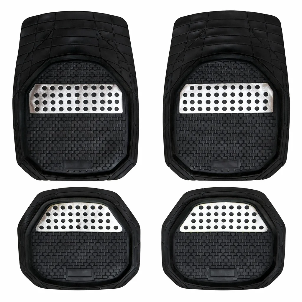 JUEGO DE TAPETES PARA COCHE DE CAUCHO COLOR NEGRO CON PLATEADO LISO