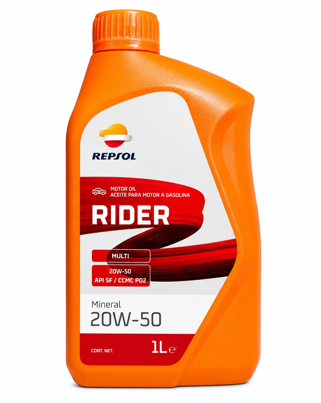 ACEITE RIDER REPSOL PARA MOTOR DE MOTOCICLETAS TOWN PLUS 4T 20W-50 MINERAL API SL JASO T 903:2023 MA2 1L