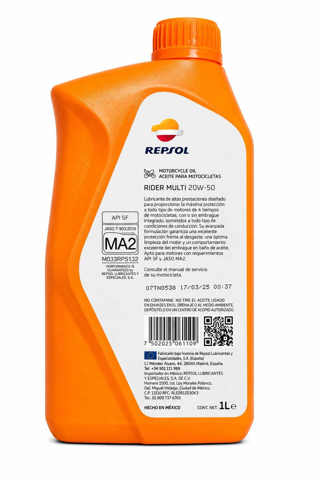 ACEITE RIDER REPSOL PARA MOTOR DE MOTOCICLETAS TOWN PLUS 4T 20W-50 MINERAL API SL JASO T 903:2023 MA2 1L