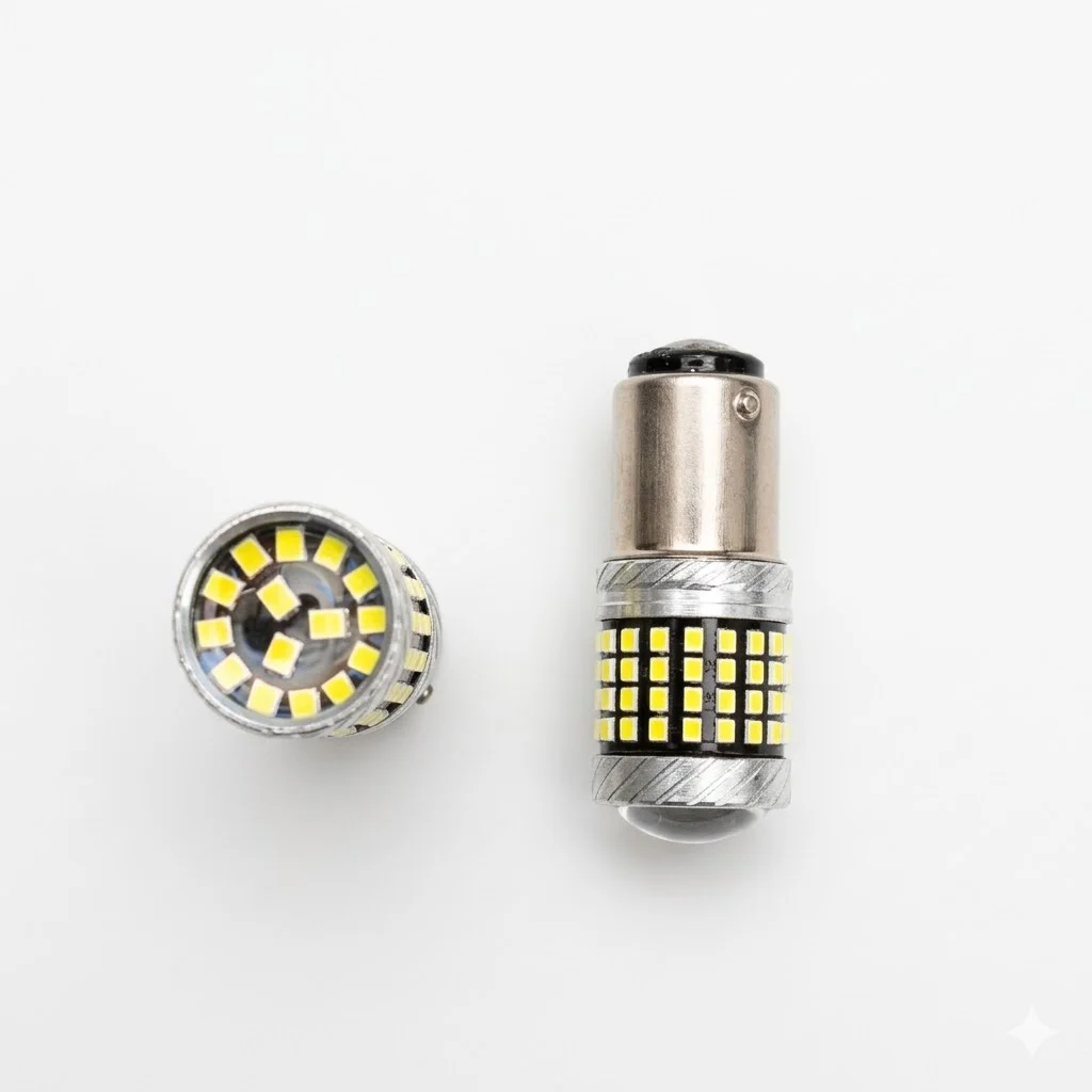 JUEGO DE FOCO LED BLANCO FIJO 1157 / 1034 CON CANBUS 2 POLOS PATAS DISPAREJAS CON LUPA 12-36V 10W IOL-LH-411