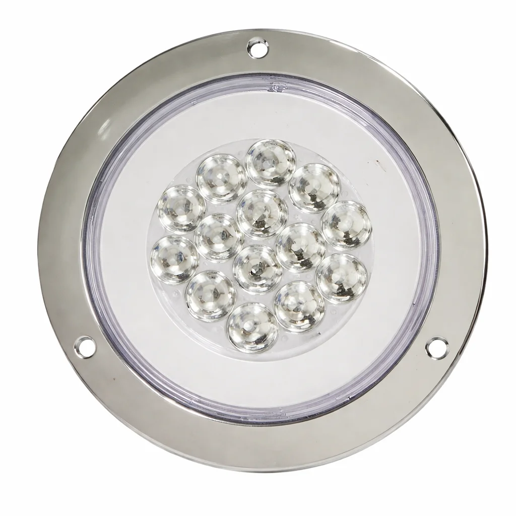 PLAFON BLANCO REDONDO DE REMACHE CROMADO 4" 14 LEDS FIJO C/ESTROBO C/ARILLO DE ANGEL 10-30V IOL-LPL-080