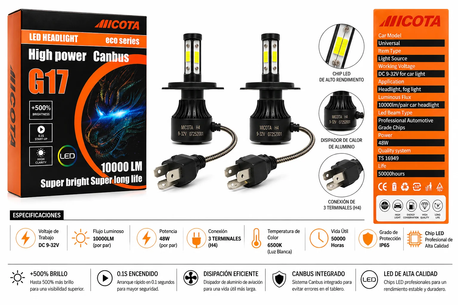 JUEGO DE FOCOS LED H4 CON CABLE 4 CARAS 3 TER MICOTA
