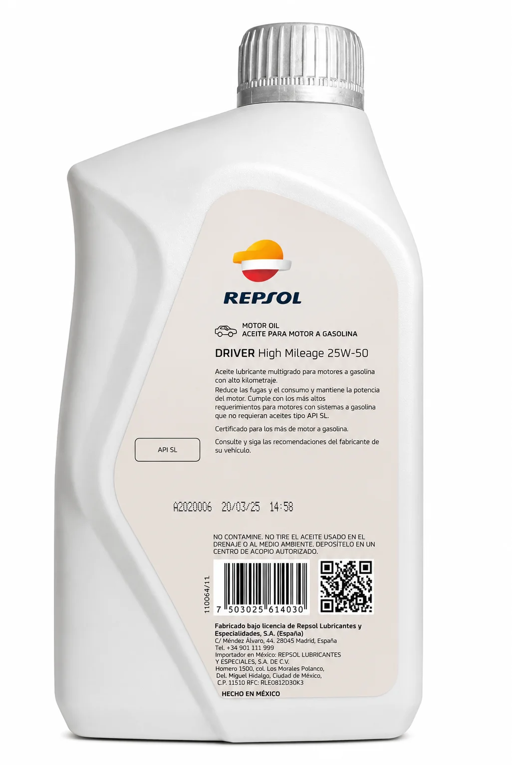 ACEITE REPSOL DRIVER PARA MOTOR DE GASOLINA HIGH MILEAGE 25W-50 MINERAL API SL 946ml