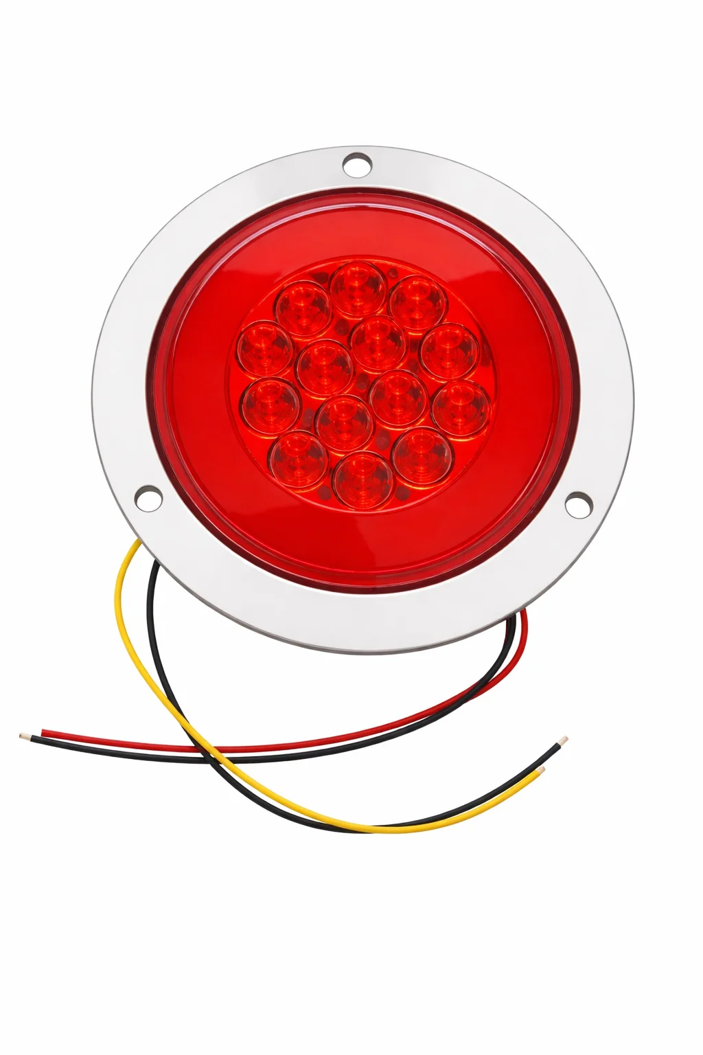 PLAFON ROJO REDONDO DE REMACHE CROMADO 4" 14 LEDS 4 CABLES ALTA/BAJA C/ESTROBO C/ARILLO DE ANGEL 10-30V IOL-LPL-018