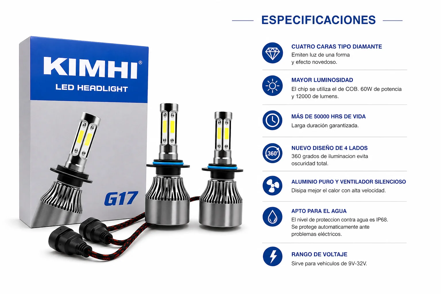 JUEGO DE FOCOS LED 9006 MODELO DL542 CON CABLE 4 CARAS KIMHI