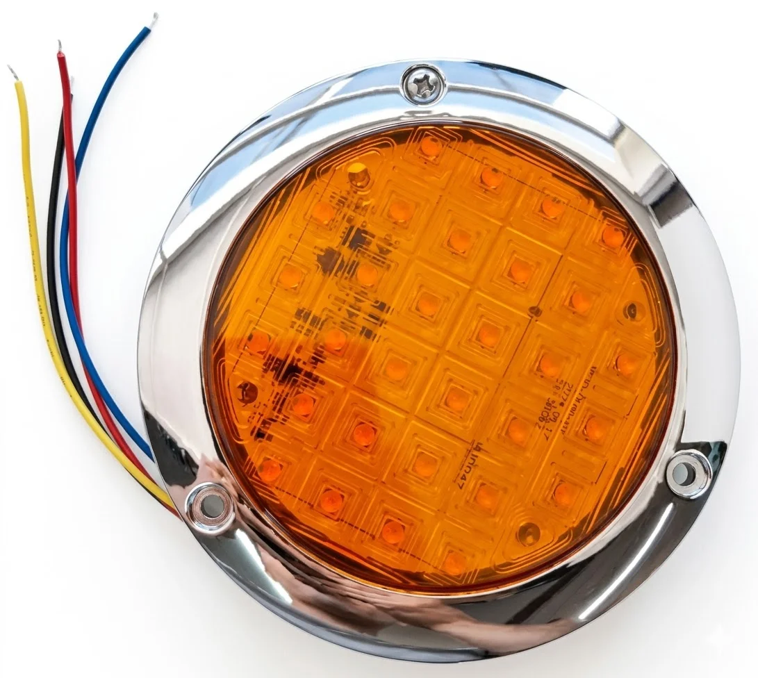 PLAFON AMBAR REDONDO PLANO DE REMACHE CROMADO 4" 34 LEDS FIJO 10-30V IOL-LPL-113