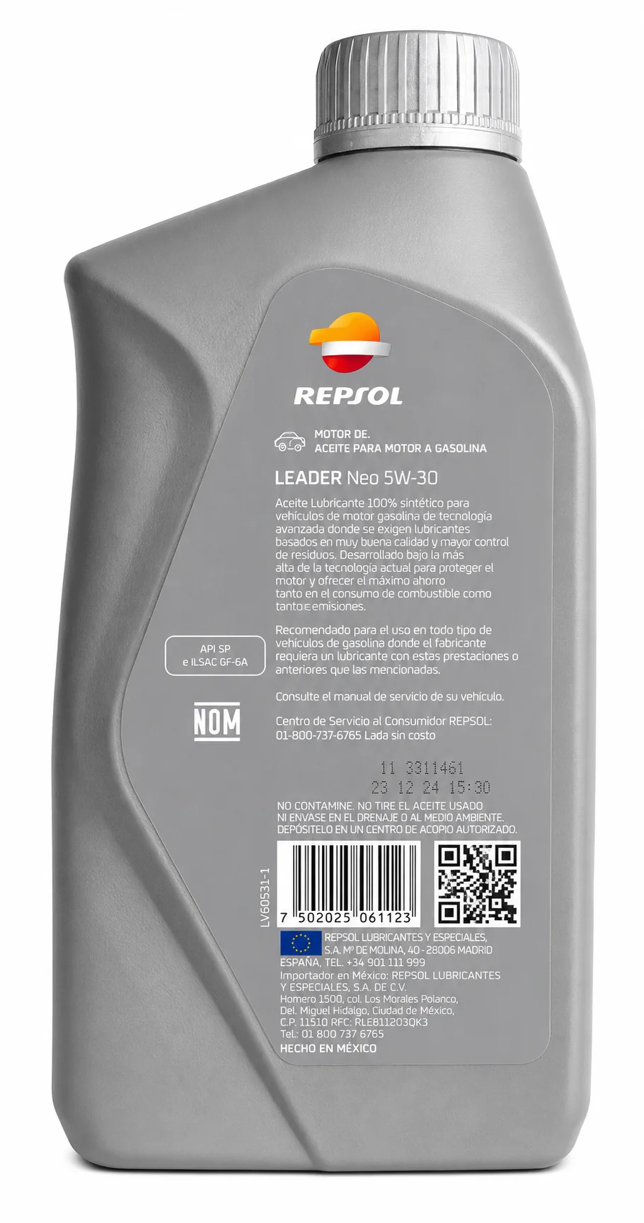 ACEITE REPSOL LEADER PARA MOTOR DE GASOLINA SAE 5W-30 SINTETICO API SQ 946ml