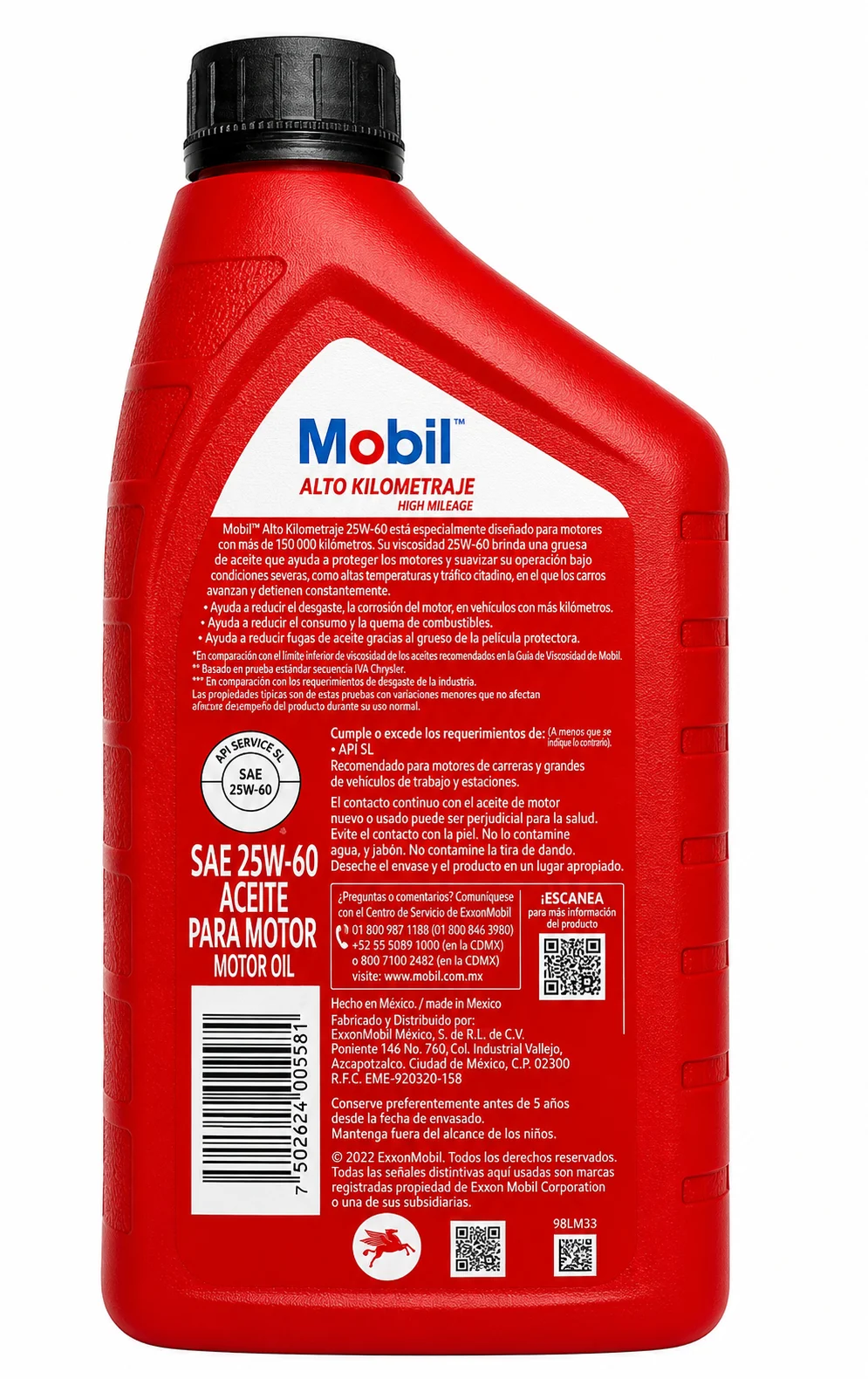 ACEITE MOBIL PARA MOTORES A GASOLINA DE ALTO KILOMETRAJE CON MAS DE 150,000km SAE 25W-60 API SL MULTIGRADO 946ml