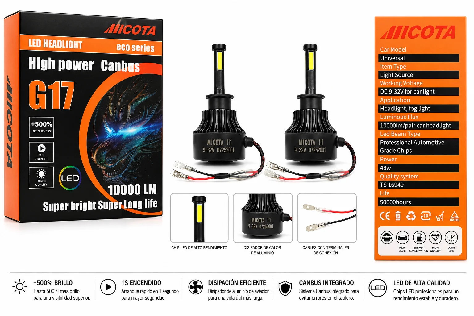 JUEGO DE FOCOS LED H1 CON CABLE 4 CARAS 2 TER MICOTA