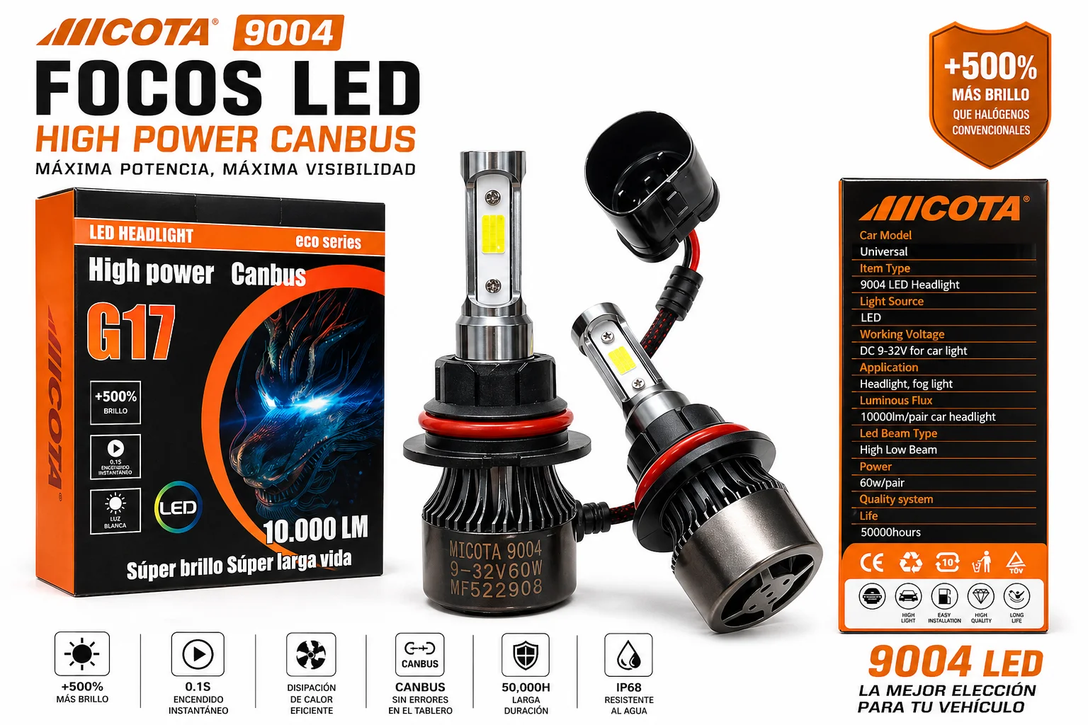 JUEGO DE FOCOS LED 9004 CON CABLE 4 CARAS 3 TER MICOTA