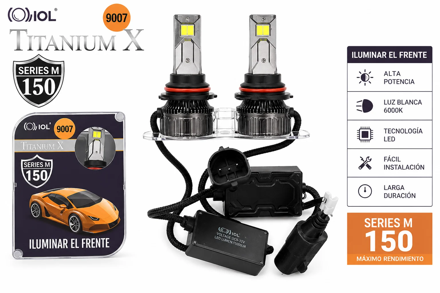 JUEGO DE FOCOS LED 9007 2 CARAS CON CABLE 4 LEDS 3 TER LHL-241 TITANIUM X