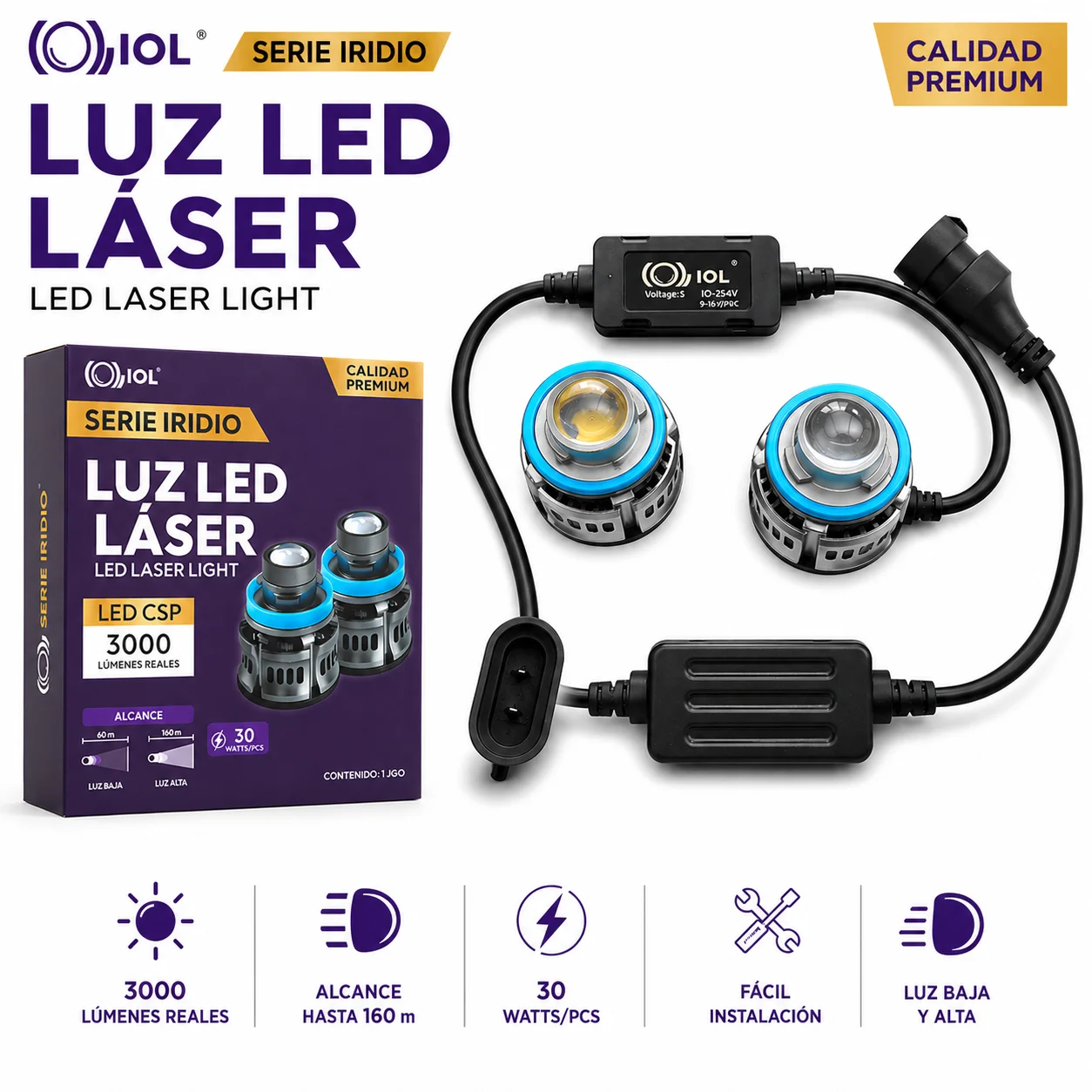 JUEGO DE FOCOS LED H11 CON LUPA CON CABLE 2 TER IOL-LHL-605