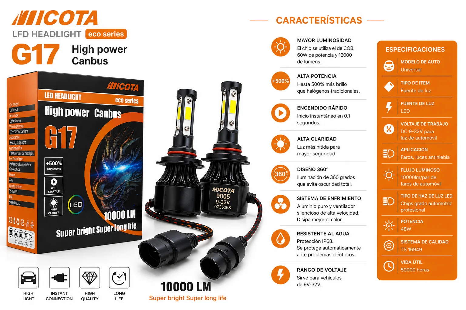 JUEGO DE FOCOS LED 9005 CON CABLE 4 CARAS MICOTA